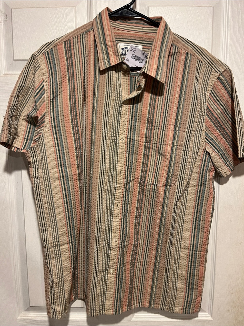 Aventura Short-Sleeve Button-Down Shirt in Beige, Coral & Teal Stripes